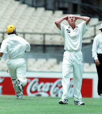 Brett Lee is frustrated as Damien Martyn has a lucky escape.